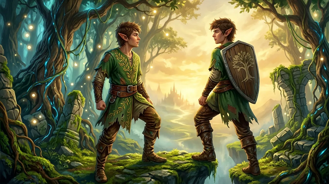Deux elfes guerriers se confrontent dans une forêt enchantée lumineuse