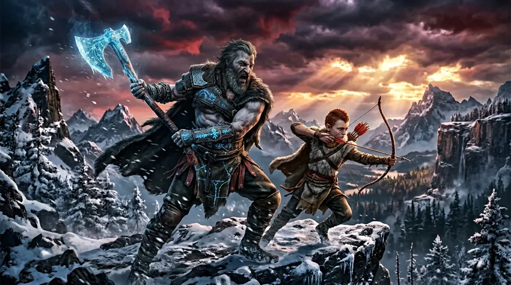 Guerrier à la hache et archer combattent dans paysage montagneux glacé
