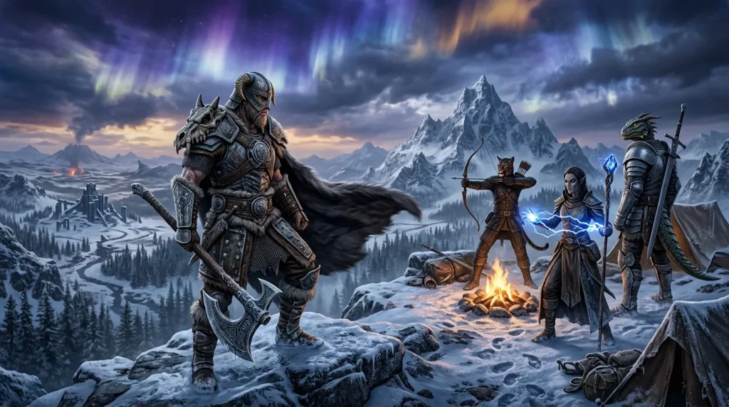 Groupe de guerriers fantasy autour d'un feu en montagne enneigée