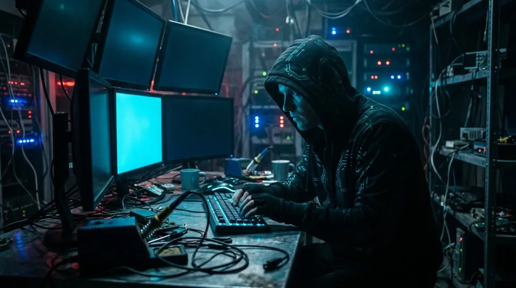 Personne en sweat à capuche travaillant sur ordinateur dans cyberdépôt