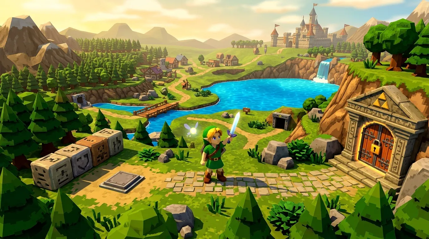 Jeune guerrier vert face à un château fantastique entouré de nature