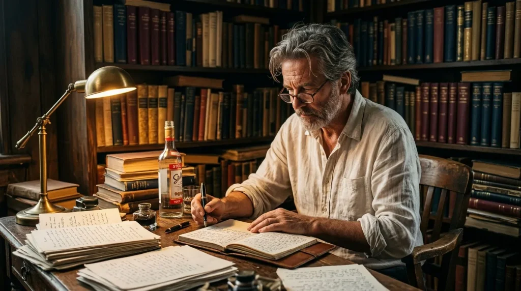 Homme âgé écrivant à son bureau dans une bibliothèque