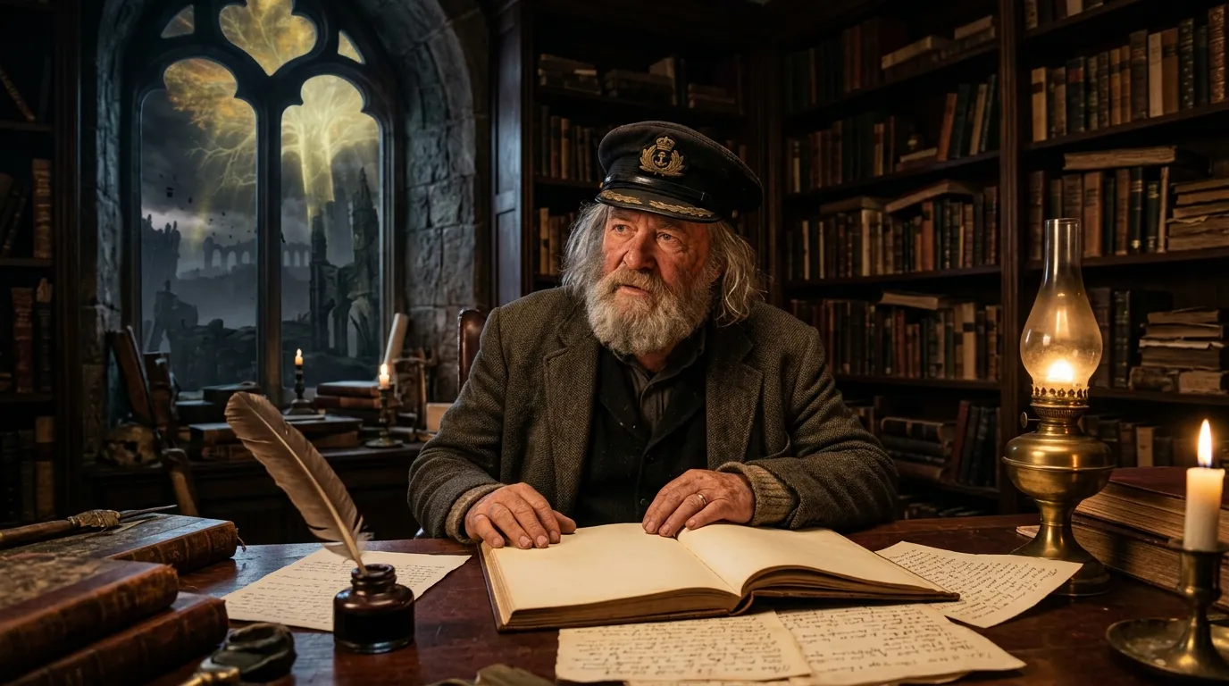 Homme âgé écrivain travaillant à son bureau dans une bibliothèque
