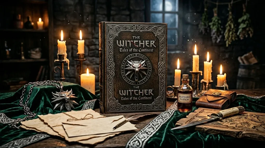 Livre The Witcher entouré de bougies et d'objets magiques