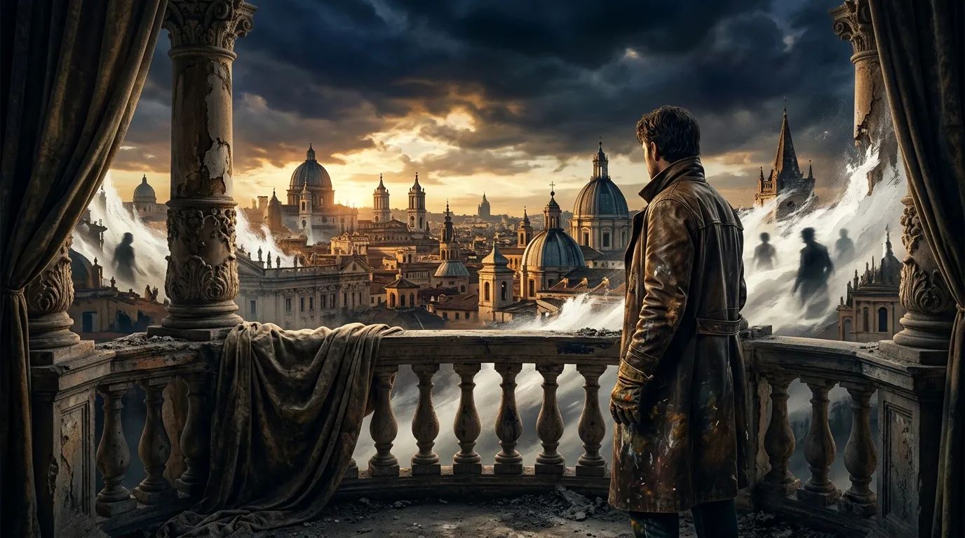 Homme contemplant une ville baroque en ruines depuis un balcon.