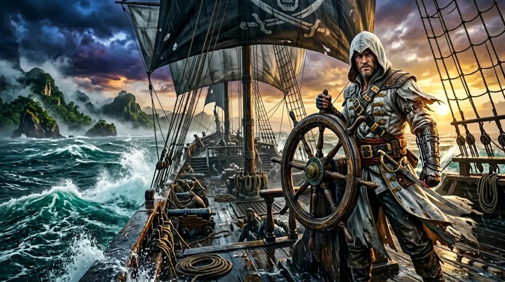 Capitaine pirate à la barre d'un navire en tempête océanique