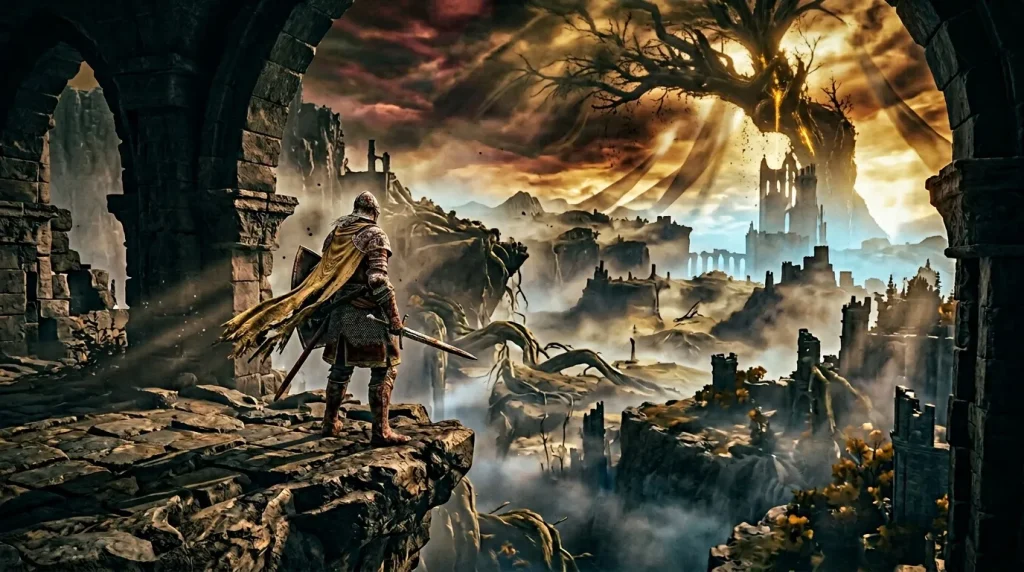 Guerrier en armure observant ruines et châteaux dans brume dorée