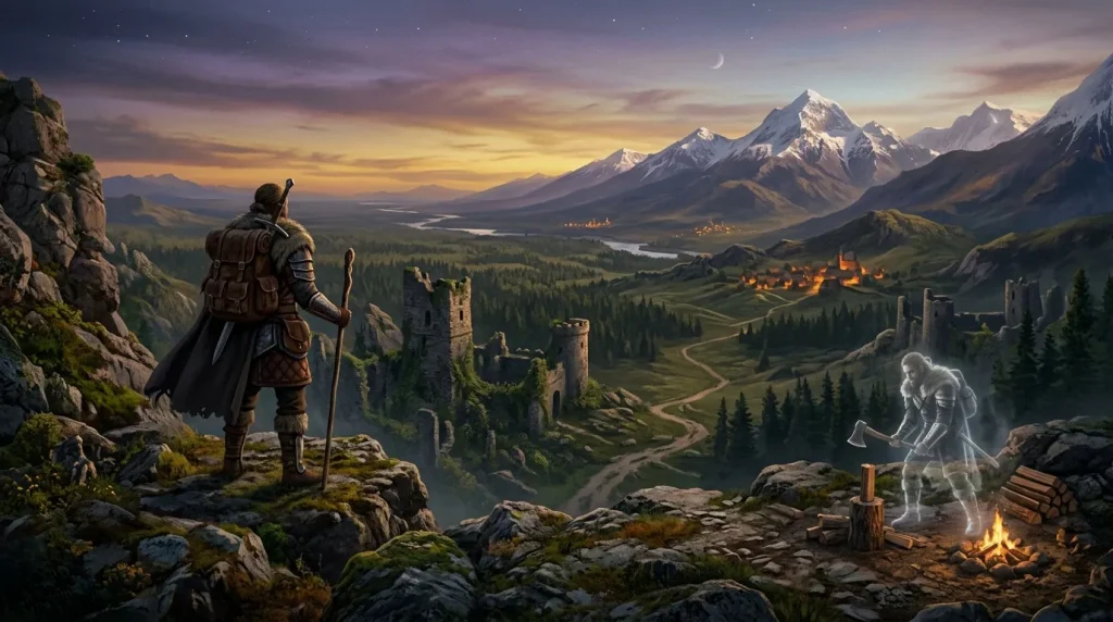 Guerrier observant vallée montagneuse avec spectre et châteaux illuminés