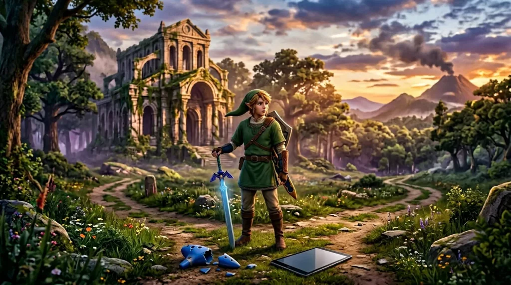 Jeune guerrier elf avec épée devant ruines temple antique