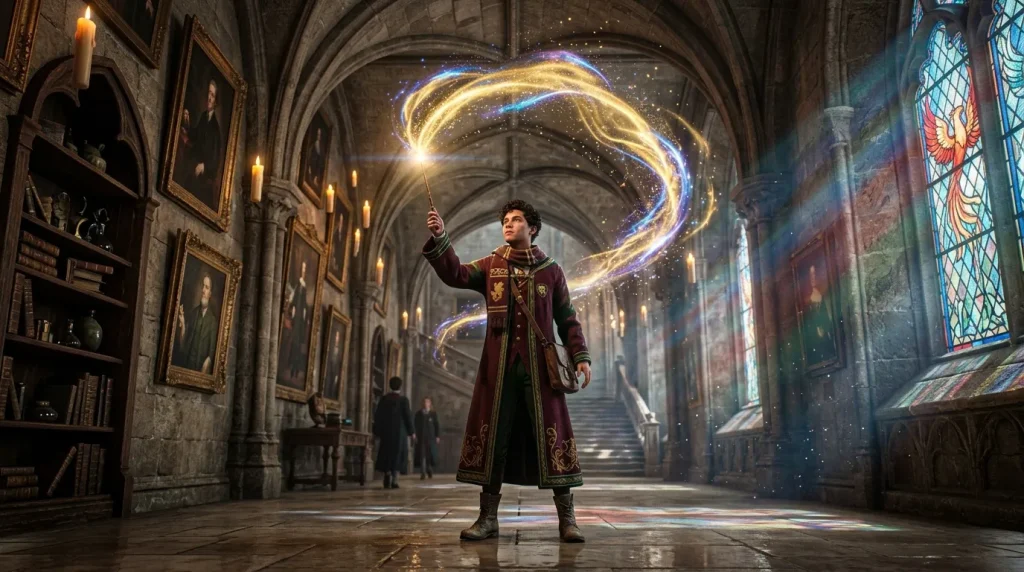 Jeune magicien invoque un sortilège lumineux dans une cathédrale gothique