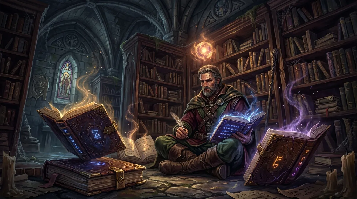 Magicien lisant des livres magiques dans une bibliothèque enchantée