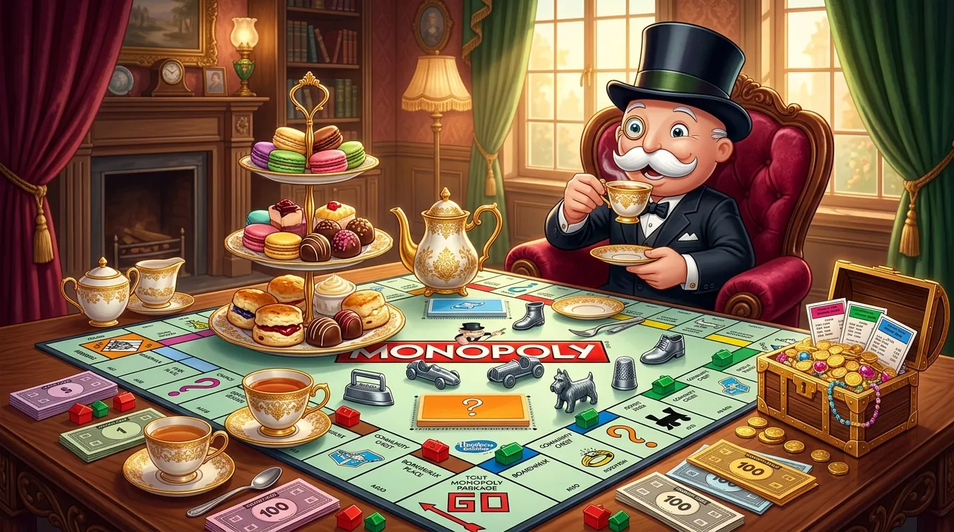 Monsieur Monopoly joue avec luxe, thé et gâteaux raffinés.