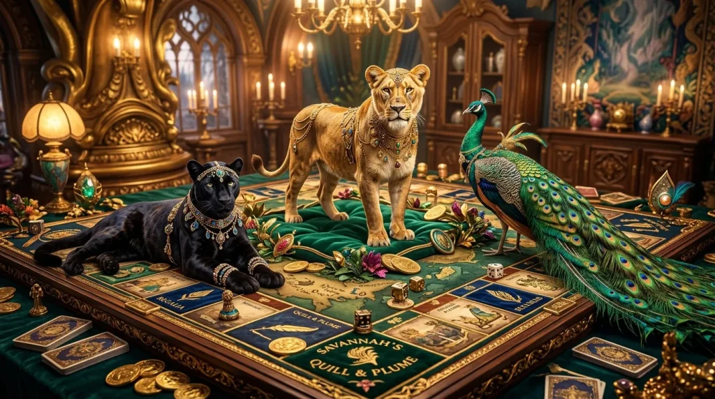 Lionne, panthère et paon ornés dans un palais doré luxueux