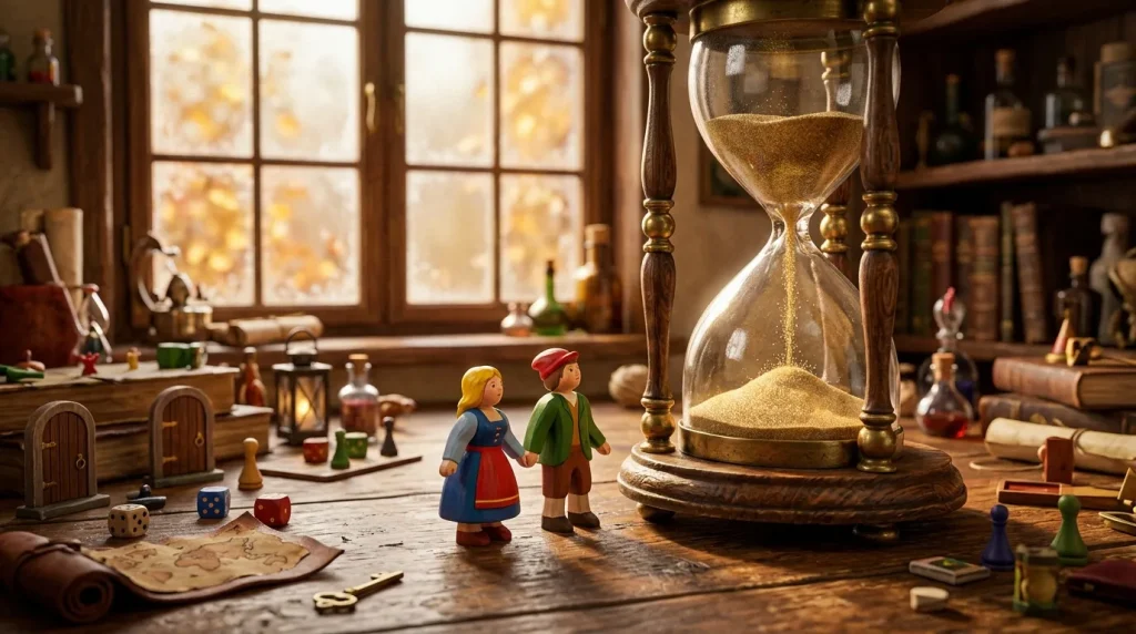 Deux figurines jouent devant un sablier dans une chambre fantaisiste.