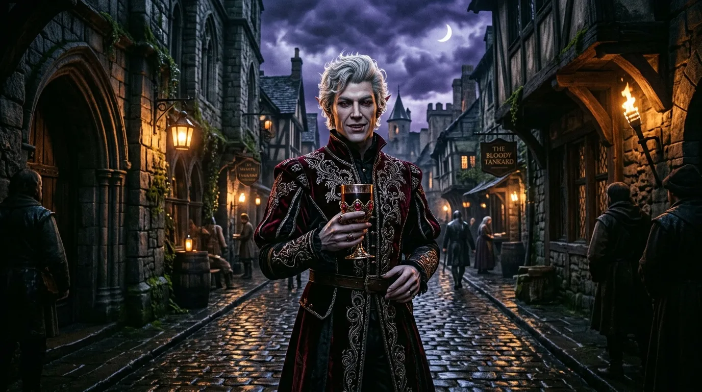 Homme élégant en costume rouge dans rue médiévale nocturne