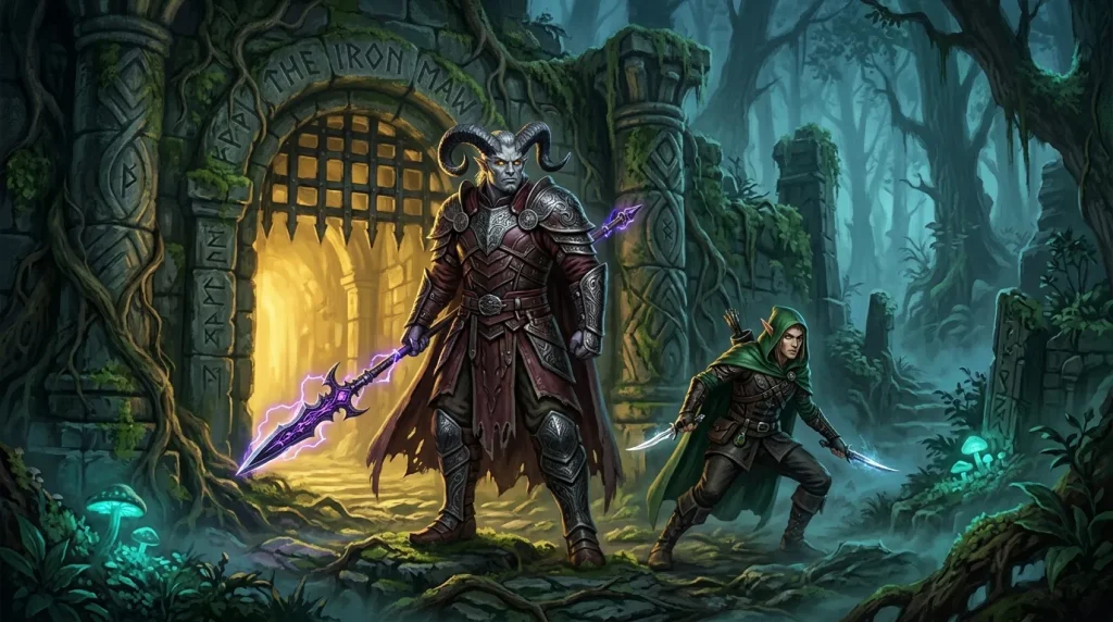 Créature démoniaque armée devant portal magique avec guerrier.