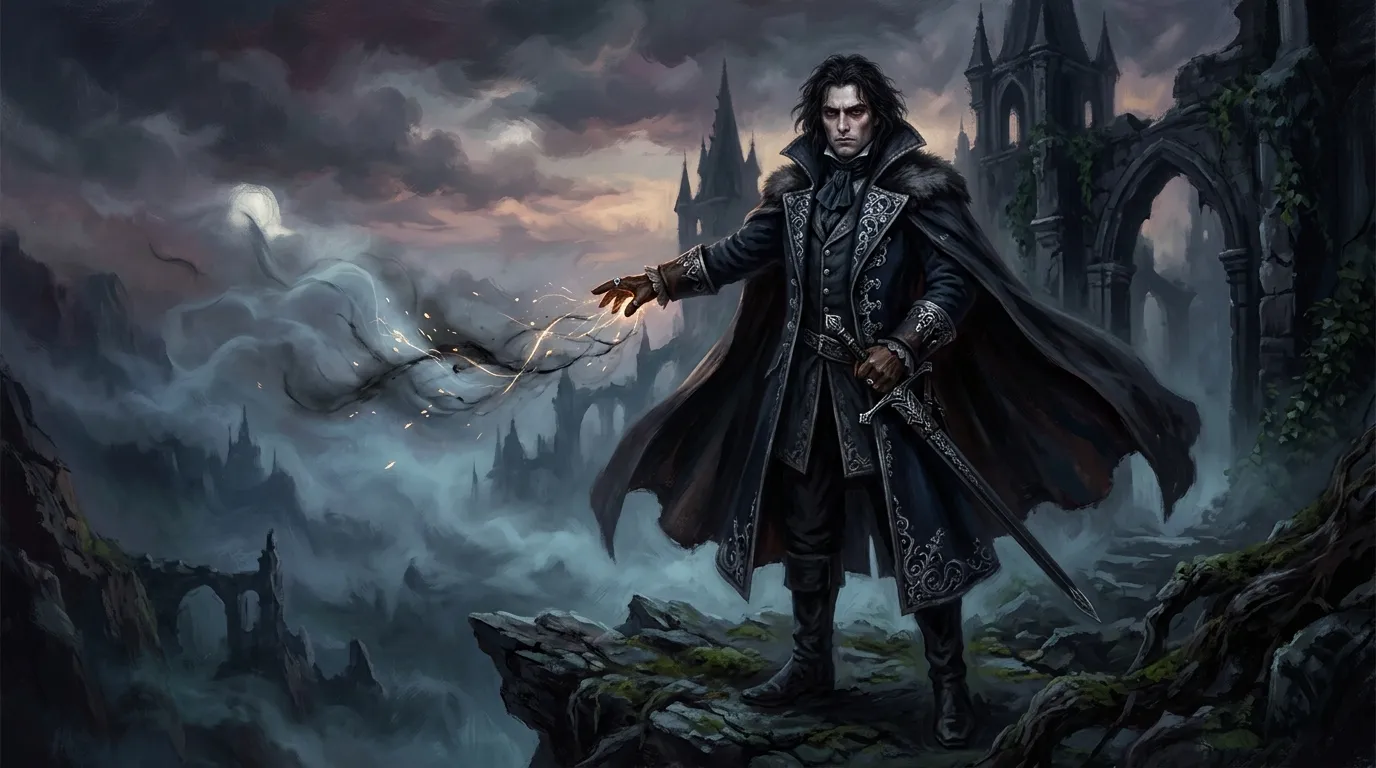 Magicien en cape noire conjurant la magie devant un château gothique