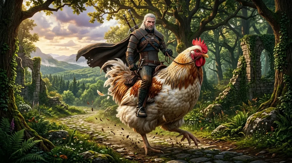 Guerrier medieval chevauchant un coq geant dans foret