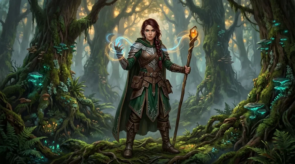 Femme guerrière magicienne avec sort bleu en forêt mystique