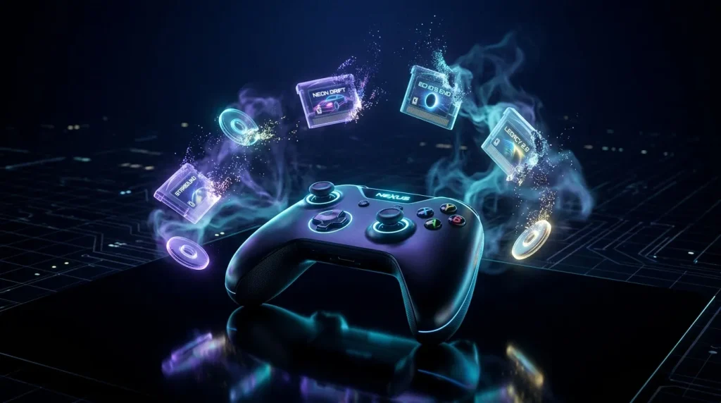 Manette gaming entourée d'icônes de jeux luminescentes