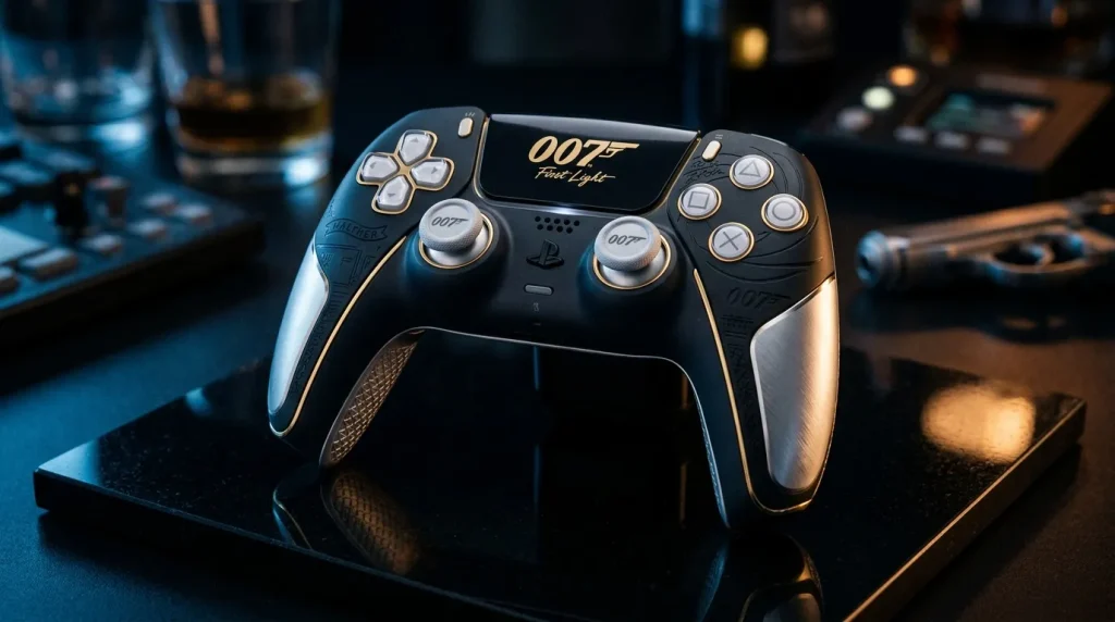 Manette de jeu noire et or James Bond 007 sur table