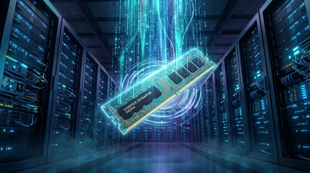 Barrette mémoire Vortex Synapse dans un data center illuminé