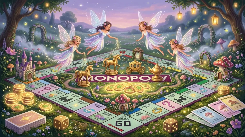 Jeu Monopoly féerique avec fées, château et créatures magiques