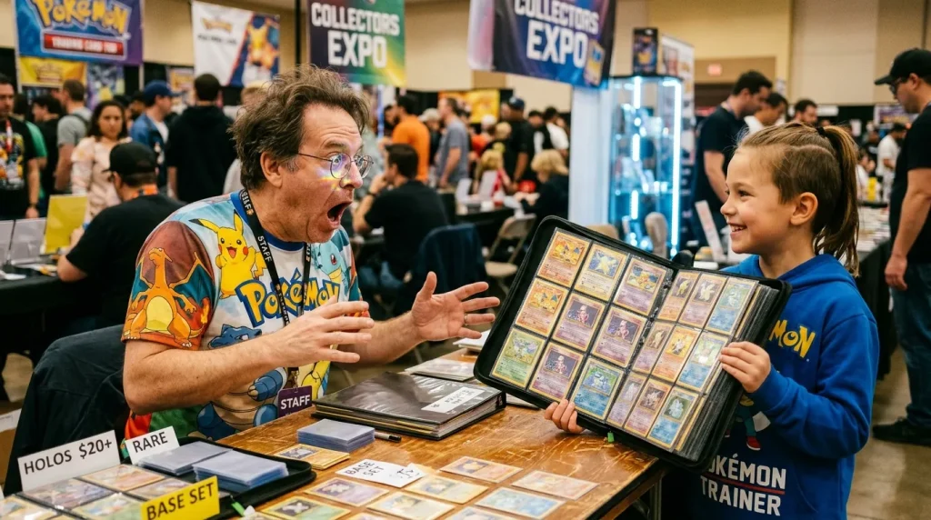 Vendeur enthousiaste montre cartes Pokémon à jeune collectionneur lors d'exposition