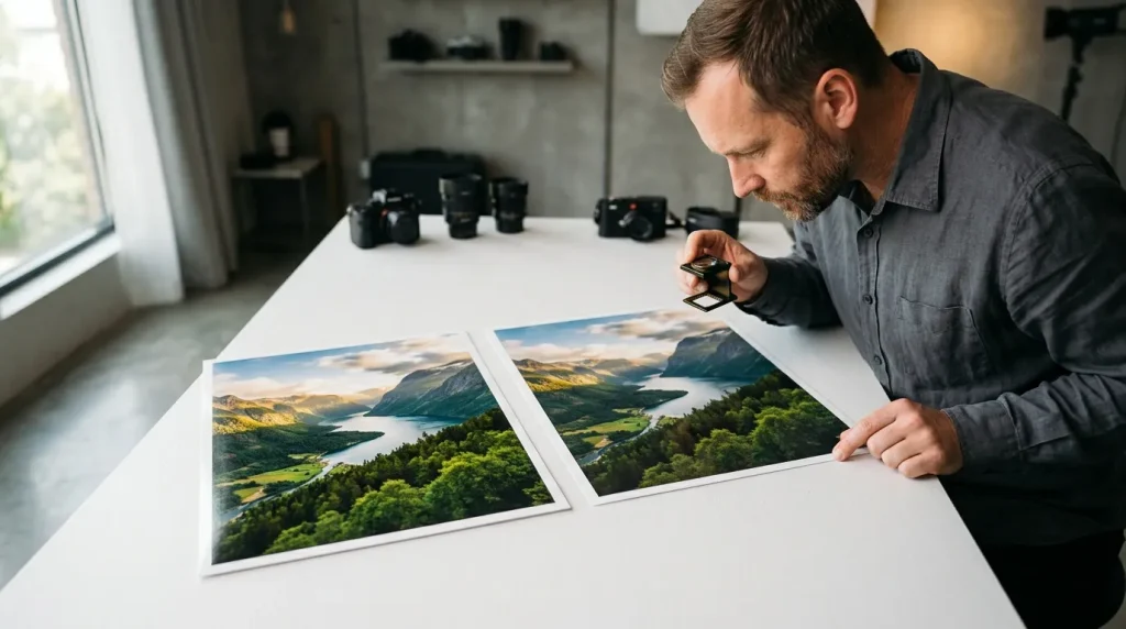 Homme regardant des photos imprimées avec loupe