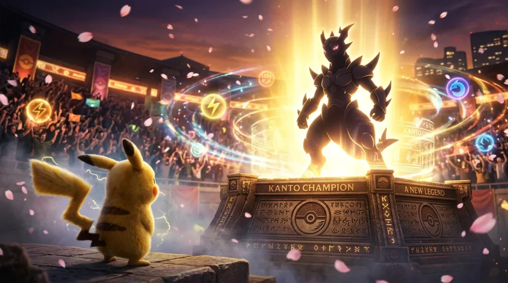 Pikachu observe un Pokémon géant illuminé sur un podium de champion