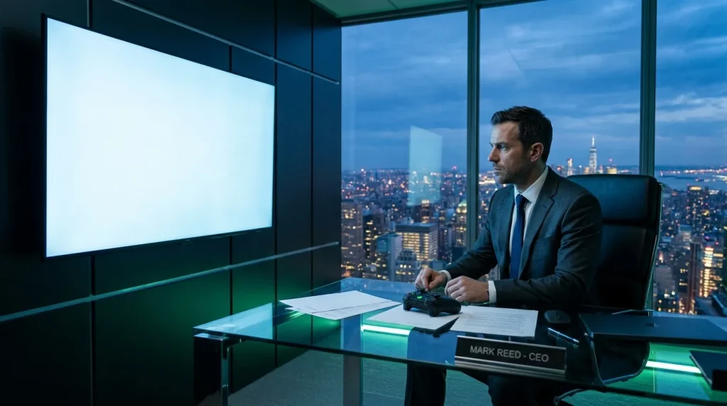 PDG en costume présentant devant écran blanc, vue urbaine