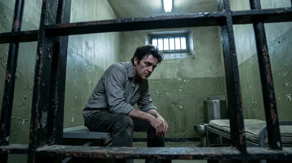 Homme assis seul dans une cellule de prison austère