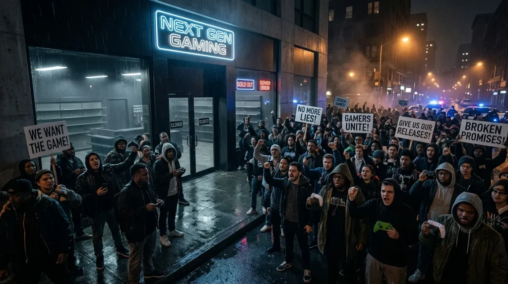 Foule de manifestants avec pancartes devant boutique gaming fermée