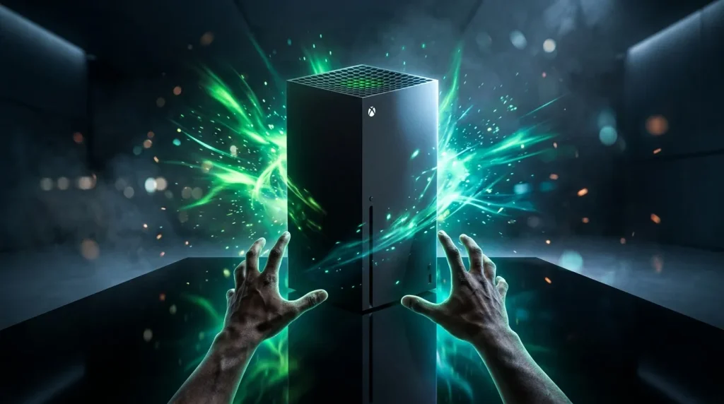 Mains levées vers console Xbox avec énergie verte.