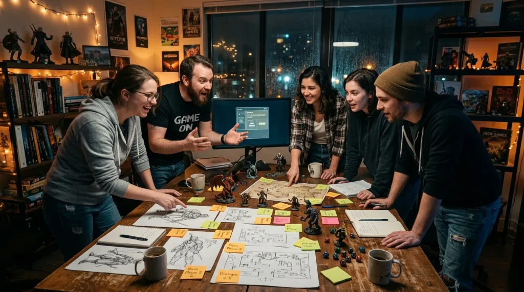 Six développeurs discutent autour d'une table avec designs et maquettes.