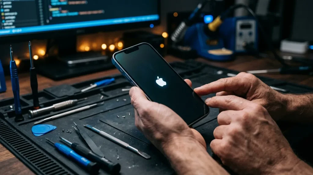Technicien tenant iPhone en démarrage, outils de réparation visibles
