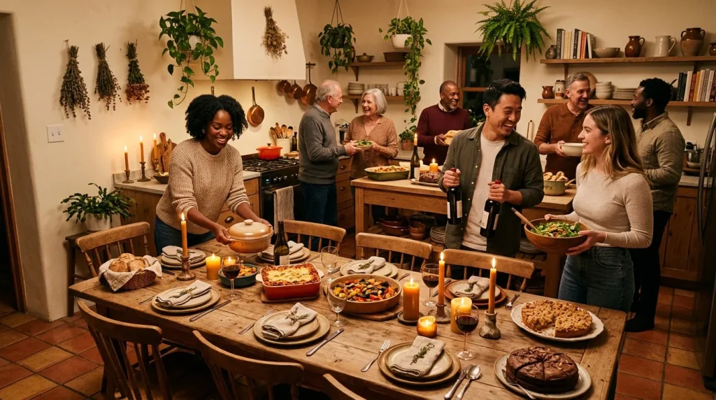 Groupe de personnes partageant un repas autour d'une table.