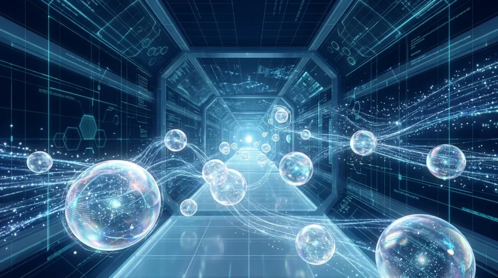 Sphères numériques brillantes connectées dans un environnement technologique