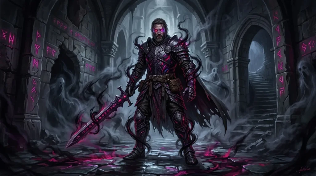 Guerrier démoniaque en armure magenta dans un temple gothique