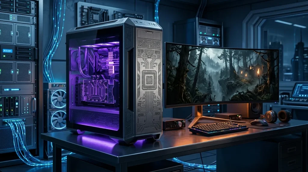 PC gamer illuminé violet sur bureau avec moniteur et équipement professionnel