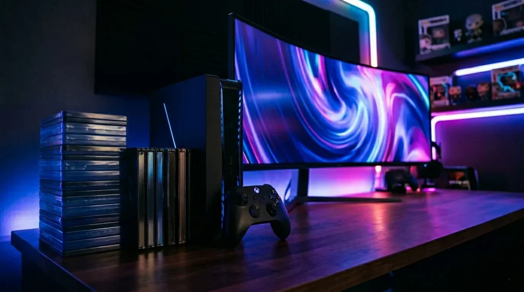 Bureau gamer avec consoles, écrans et éclairage néon bleu-rose