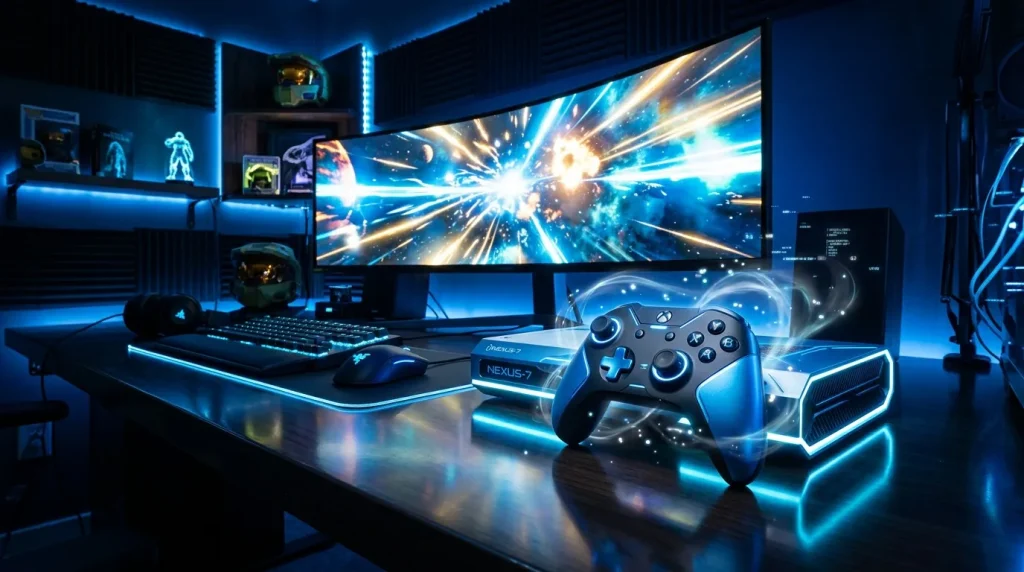 Bureau gaming futuriste avec écran courbe et contrôleur illuminé