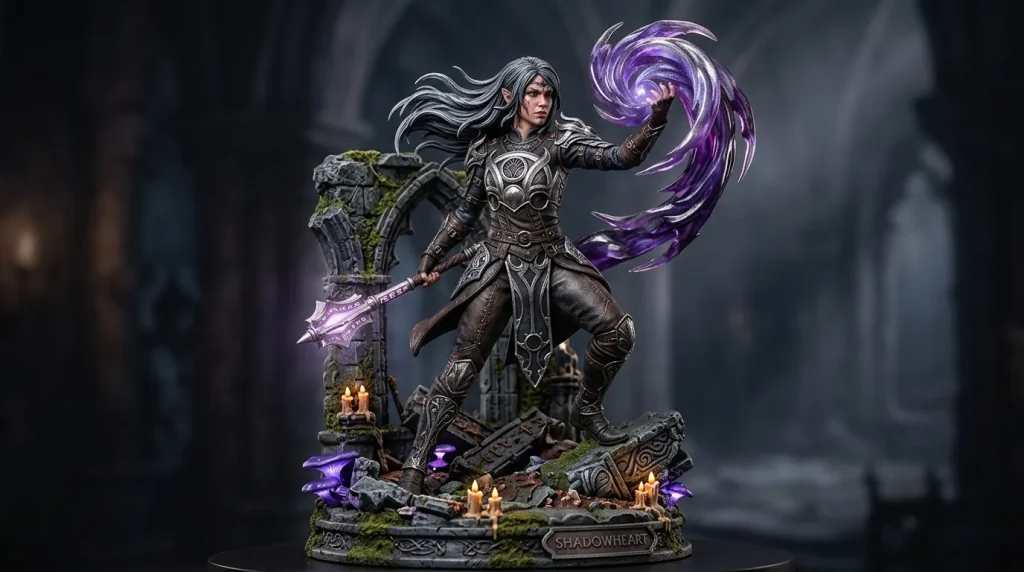 Figurine sorcière noire avec magie pourpre et arme.