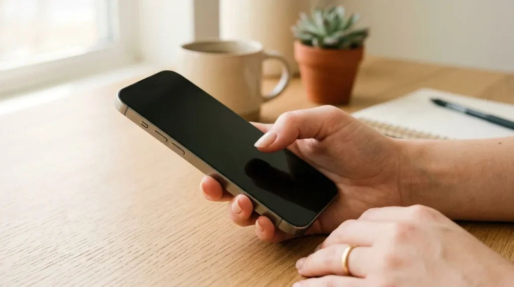 Personne tenant un téléphone avec écran noir sur bureau