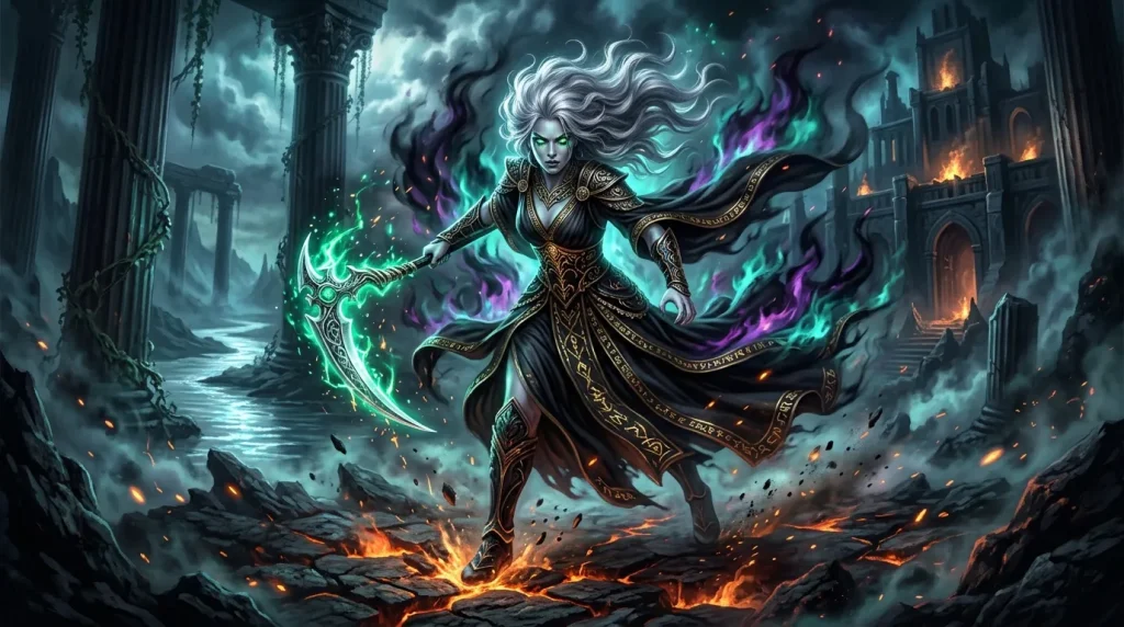 Femme mage contrôlant feu et électricité verte