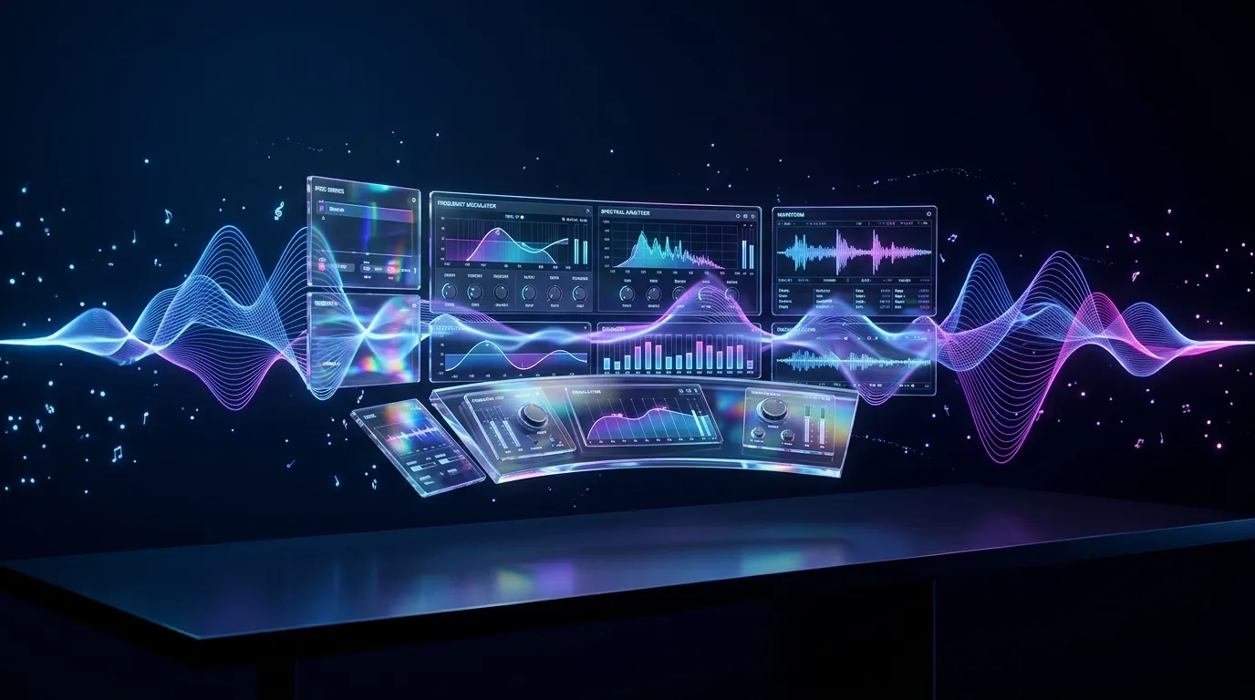 Interface audio numérique avec ondes sonores colorées et équipements