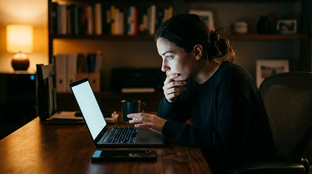 Femme pensive travaillant sur son ordinateur portable la nuit