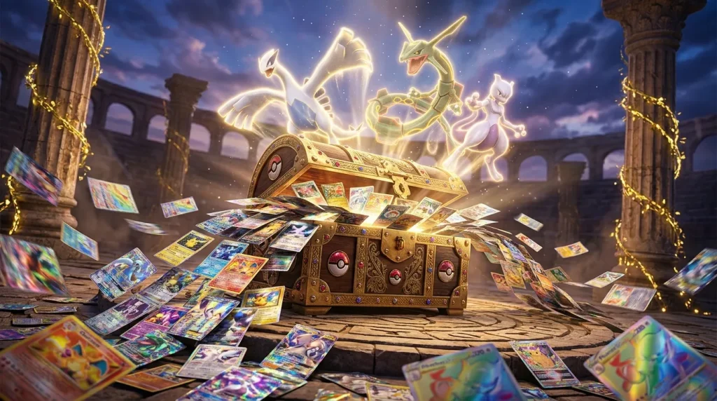 Coffre doré avec cartes Pokémon et créatures légendaires brillantes