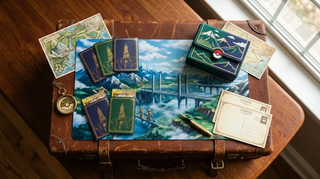 Mallette ancienne avec cartes, postcards et accessoires Pokémon