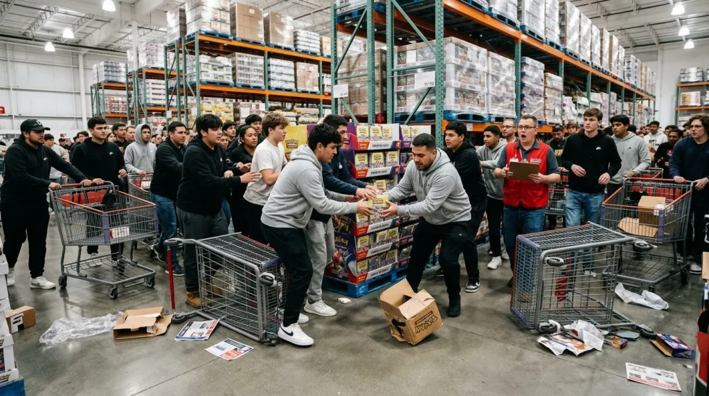 Foule de clients dans un entrepôt commercial avec chariots